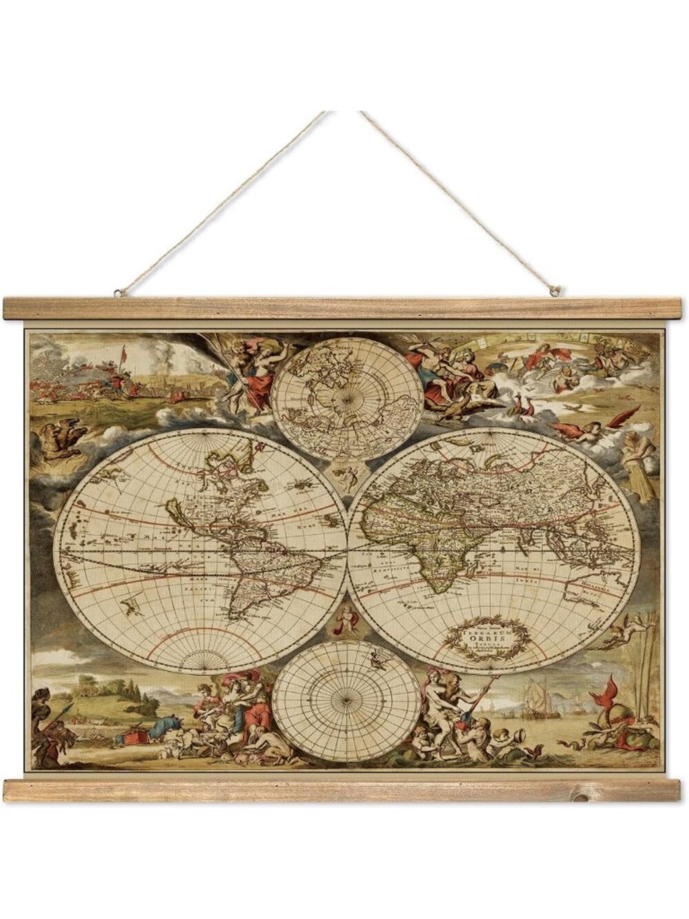 Vintage World Map Wall Art – 17th Century Linen Print with Wooden Hanger